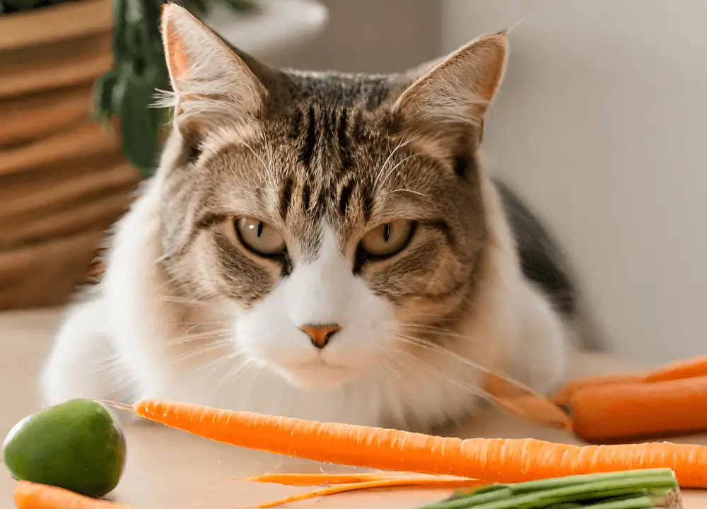 The cat looks at Carrots which lies on the table photo