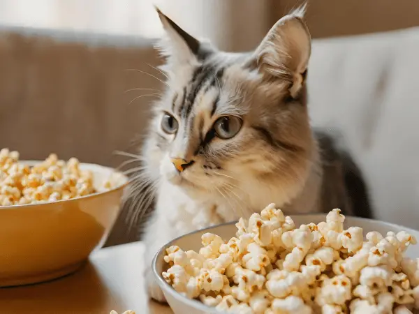 The cat looks at Popcorn which is on the table photo 1