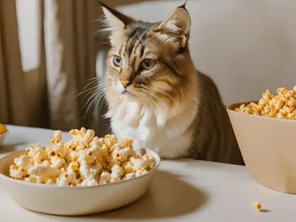 The cat looks at Popcorn which is on the table photo 2