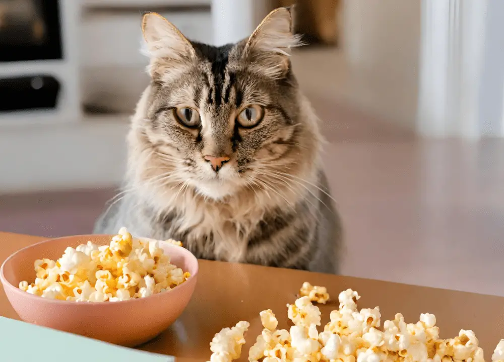 The cat looks at Popcorn which is on the table photo