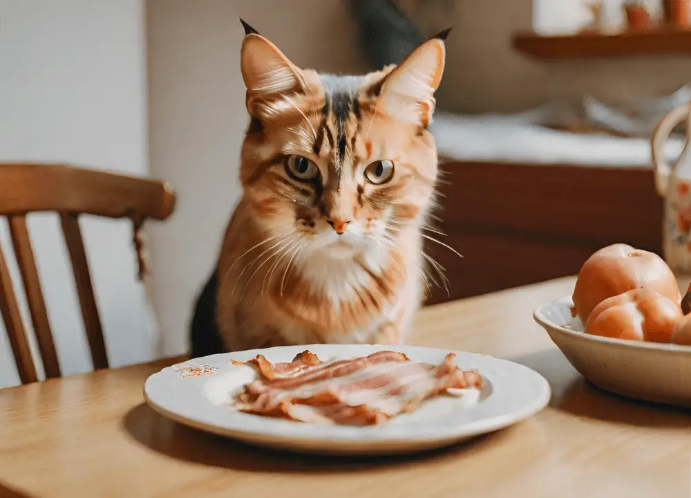 The cat looks at the bacon on the table photo