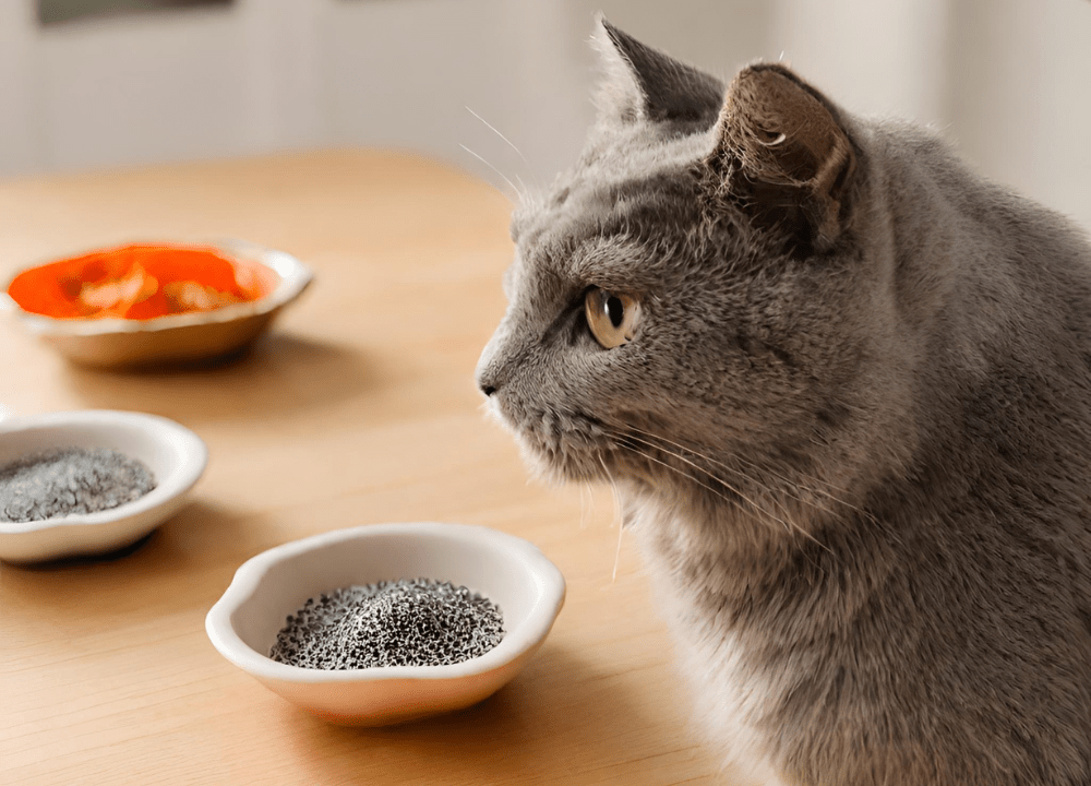 The cat looks at the table, there are poppy seeds on the table