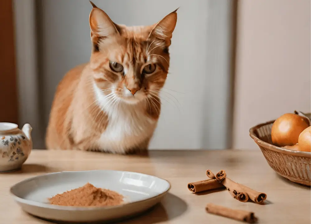 the cat looks at Cinnamon which is on the table