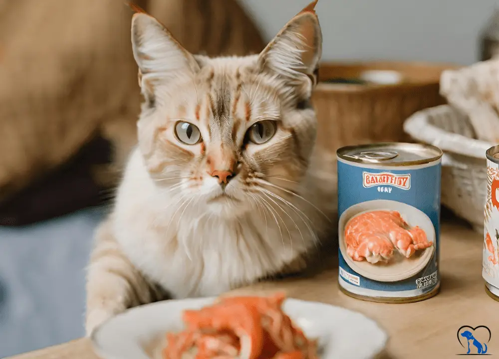 The cat looks at Canned Crab Meat which lies on the table photo