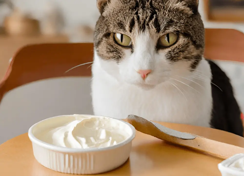 The cat looks at the sour cream on the table