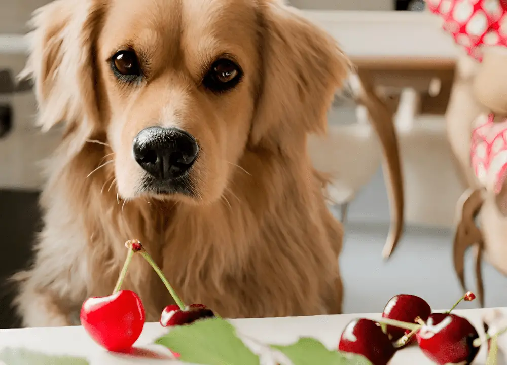 The dog looks at the Cherries that are on the table photo