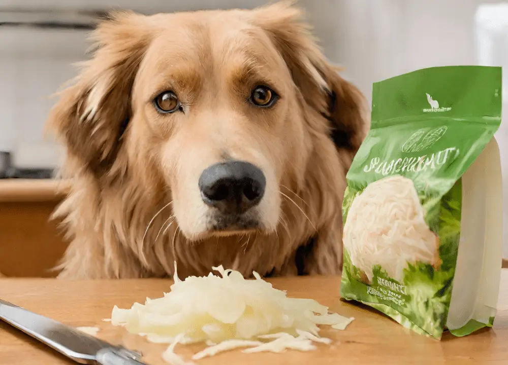 The dog looks at the Sauerkraut which is on the table photo