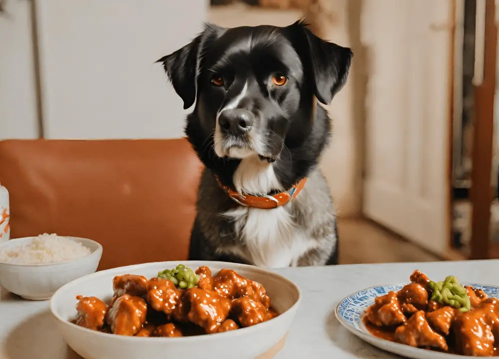 The dog looks at General Tso Chicken which is on the table