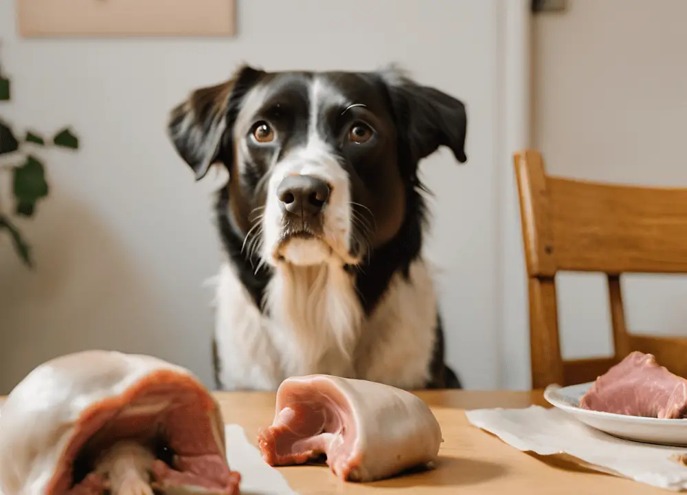 the dog looks at the Beef Knee Caps that are on the table 1